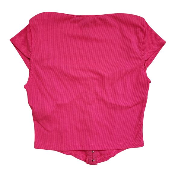 Forever 21 Sweetheart Corset Crop Top Womens Small Pink Rib Knit Hook Eye NWOT - Picture 8 of 11